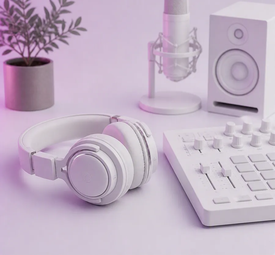 Studio headphones beside a mixing controller, microphone and monitor speaker