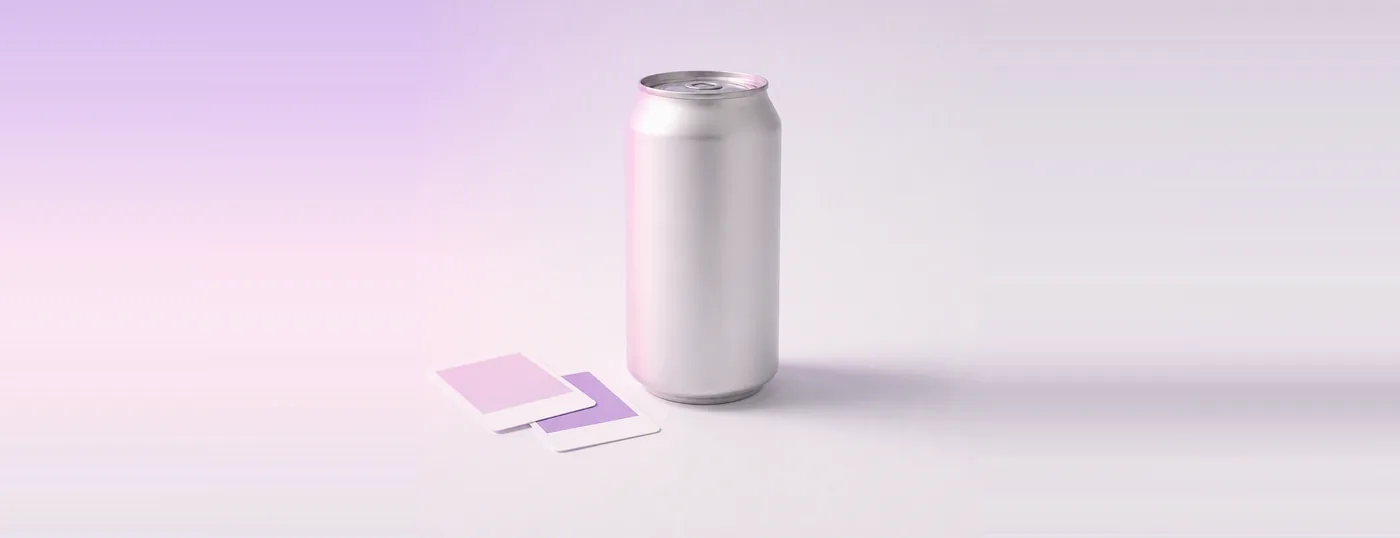 An unlabelled aluminium drinks can beside blank colour swatch cards