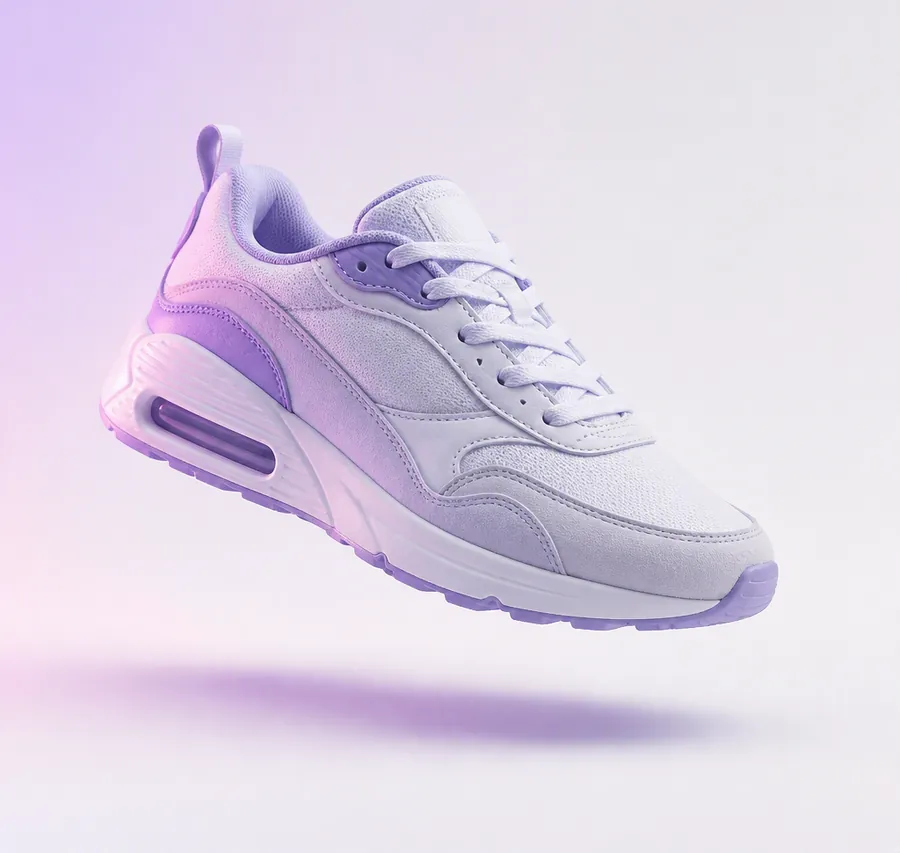 A white and lavender sneaker photographed in a studio