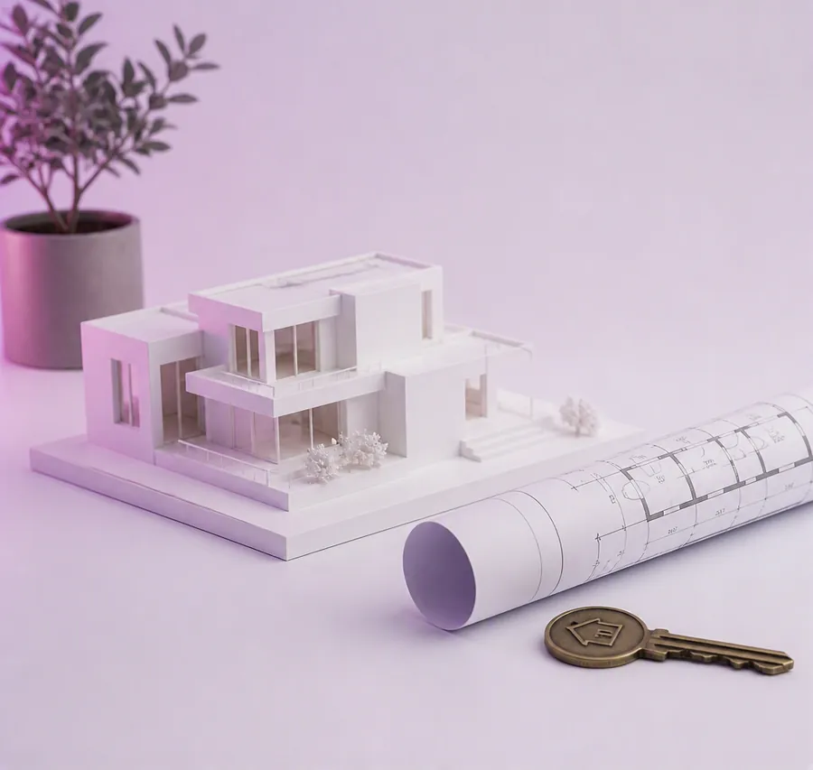 A white architectural model of a modern house with a rolled blueprint and a key