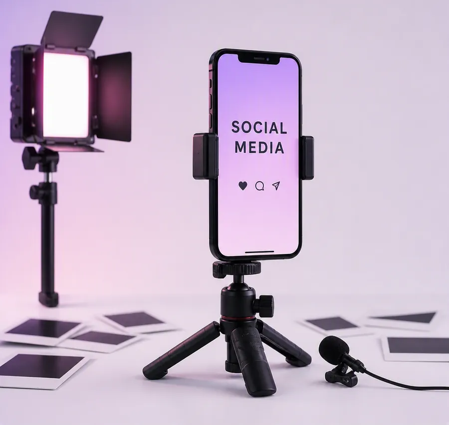 A smartphone on a tripod with a ring light and scattered photo prints
