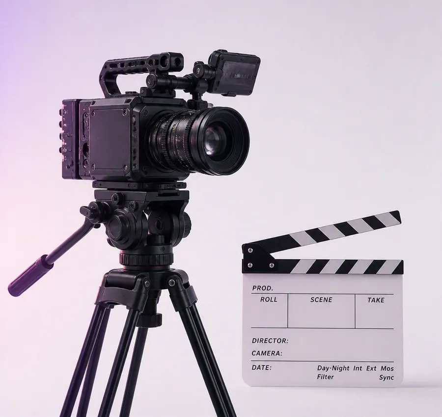 A cinema camera on a tripod beside a clapperboard