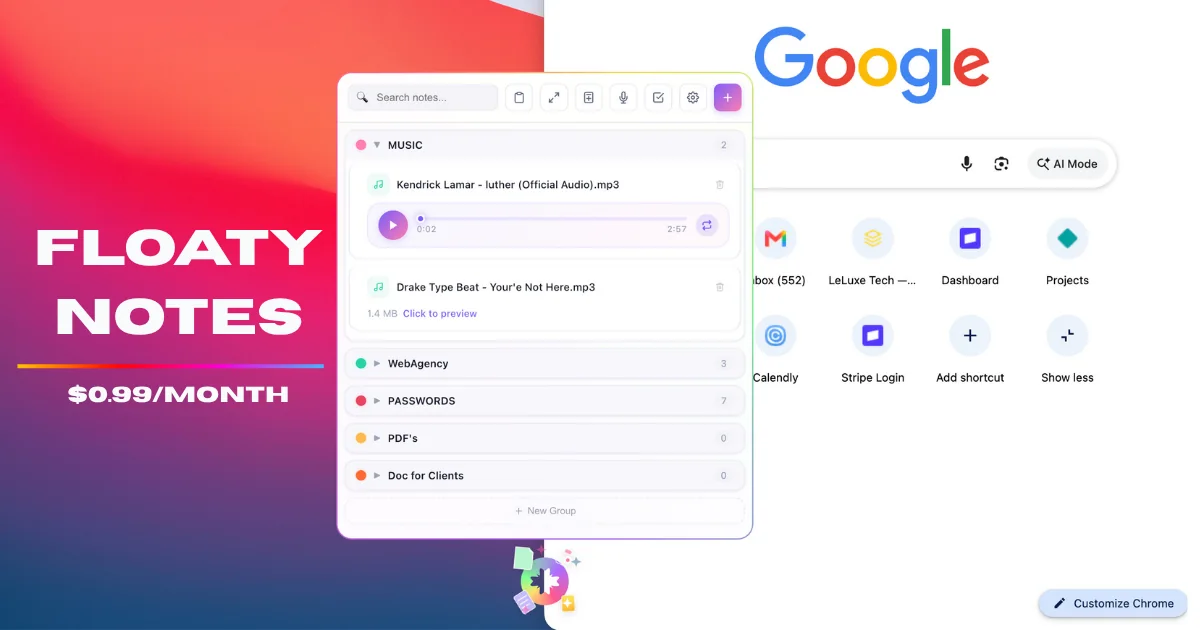 FloatyNotes floating above a browser window, holding audio files and notes